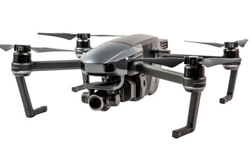 Modern black quadcopter drone with a high-resolution camera on a transparent background, ideal for aerial photography and videography.
