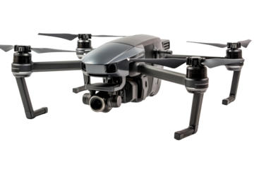 Modern black quadcopter drone with a high-resolution camera on a transparent background, ideal for aerial photography and videography.