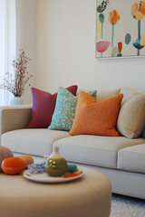 Chic Interior with Comfortable Beige Sofa and Modern Minimalistic Decor