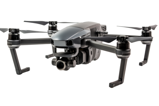 Modern black quadcopter drone with a high-resolution camera on a transparent background, ideal for aerial photography and videography.