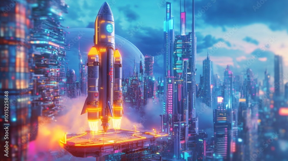 Poster a sleek rocket prepares for launch from a platform amidst a dazzling city, illuminated with colorful