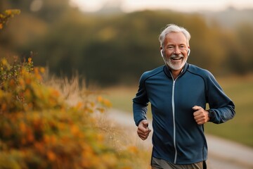 Obraz premium Mature athletic man runs in park with grass and trees. Smiling, dressed in blue jacket, gray pants, earphones on, listening music, exercising outdoors.