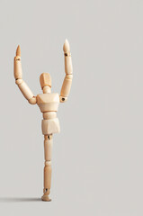 A wooden toy pulls the arms up  and asking help.