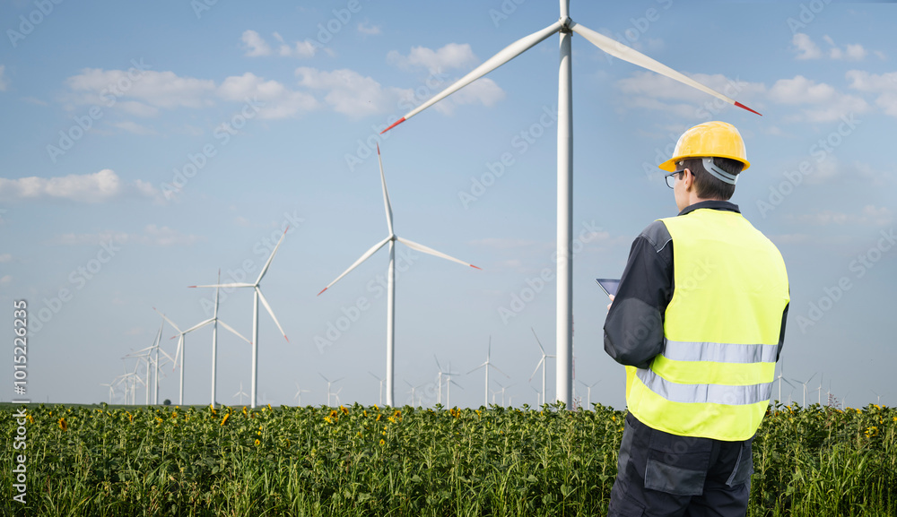 Poster engineer with tablet computer on a background of wind turbine