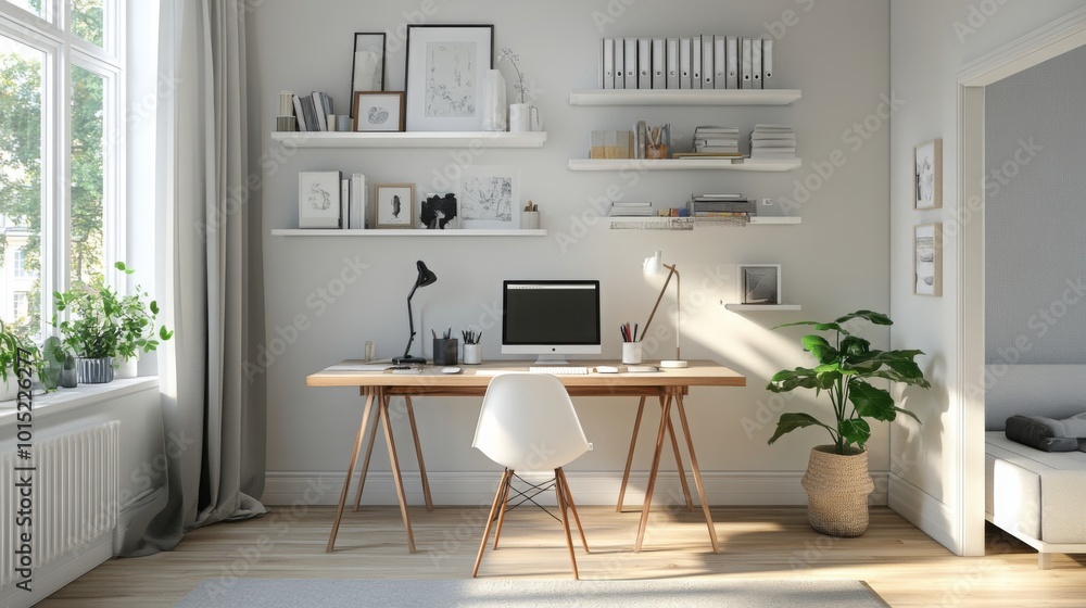 Poster the workspace features a modern desk with a computer, lamp, and decorative items