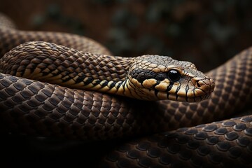 Fototapeta premium Close-up of a beautiful brown and yellow snake, displaying intricate scales in dark environment