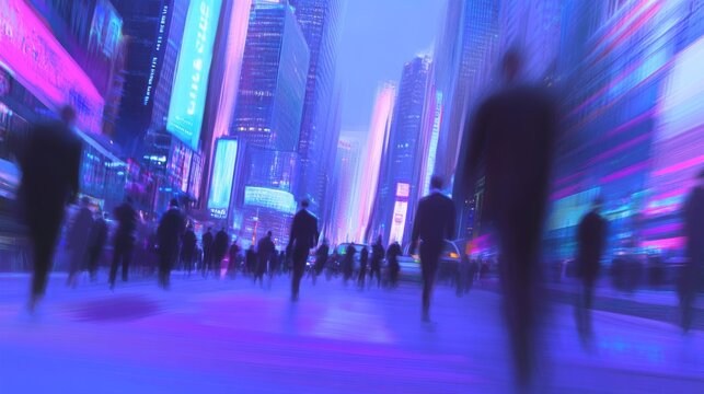 Abstract cityscape with blurred figures walking under vibrant neon lights at night, perfect for advertising urban lifestyle and technology concepts
