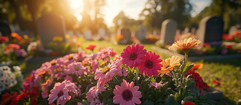 Pink and yellow flowers bloom in the warm sunlight on a grave in a cemetery, surrounded by other graves and a blurred out background.
