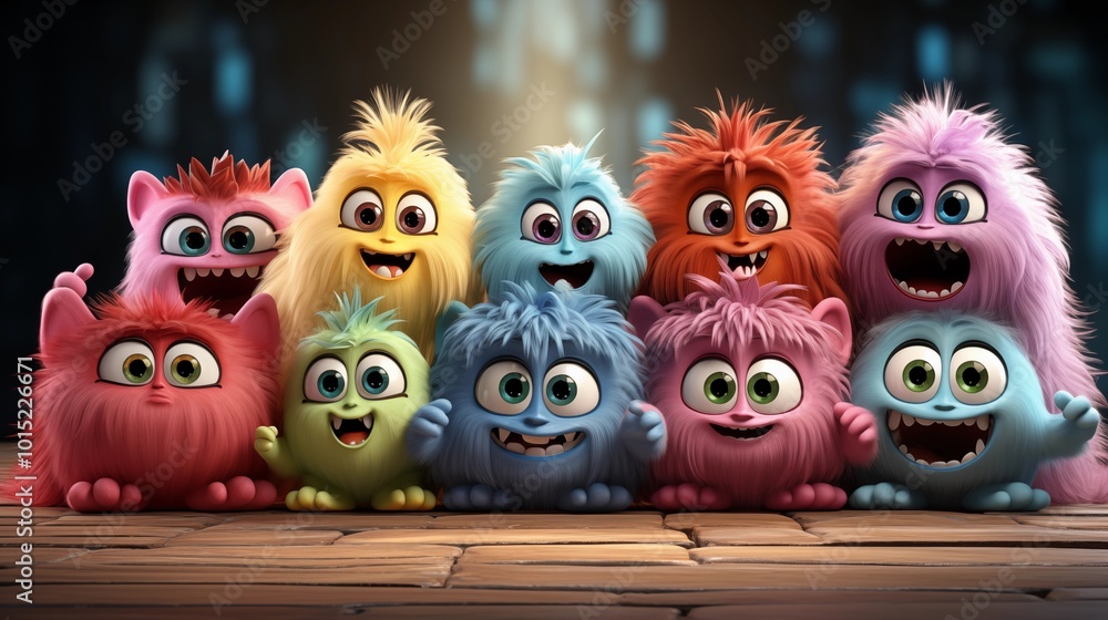Poster collection of colorful furry and cute monster dancing and waving 3d render character cartoon style i
