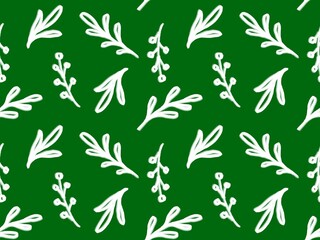Seamless pattern with white botanical elements on a green background. Elegant and fresh design with minimalistic branches, suitable for creating festive, natural or eco-friendly designs