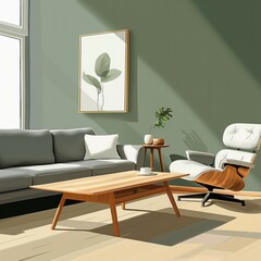 Serene living room with large window, natural light floods space. Gray sofa, wooden coffee table, armchair, floor create cozy atmosphere. White vase, pillow, painting of plant add touch of nature.