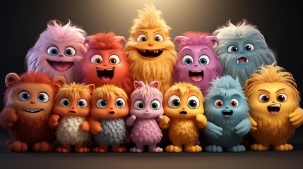 Obraz premium collection of Colorful furry and cute monster dancing and waving 3D render character cartoon style Isolated on transparent background