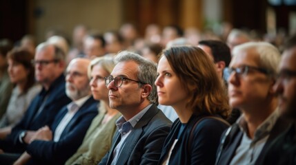Obraz premium An engaged audience listens attentively at a formal conference, with a focus on knowledge sharing and learning.