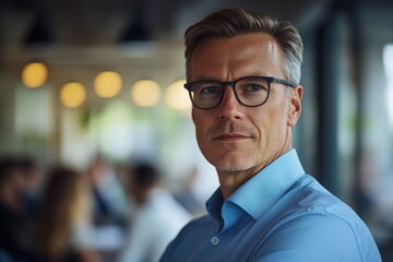 Fototapeta premium A confident man in a blue shirt and glasses looks thoughtfully at the camera while a meeting occurs in the background