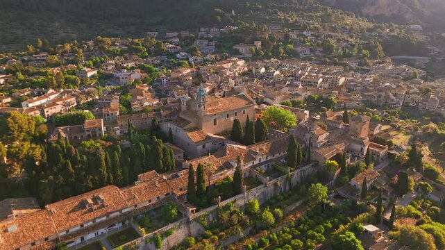 Aerial view of the historic Carthusian Monastery Valldemossa in Mallorca, Spain