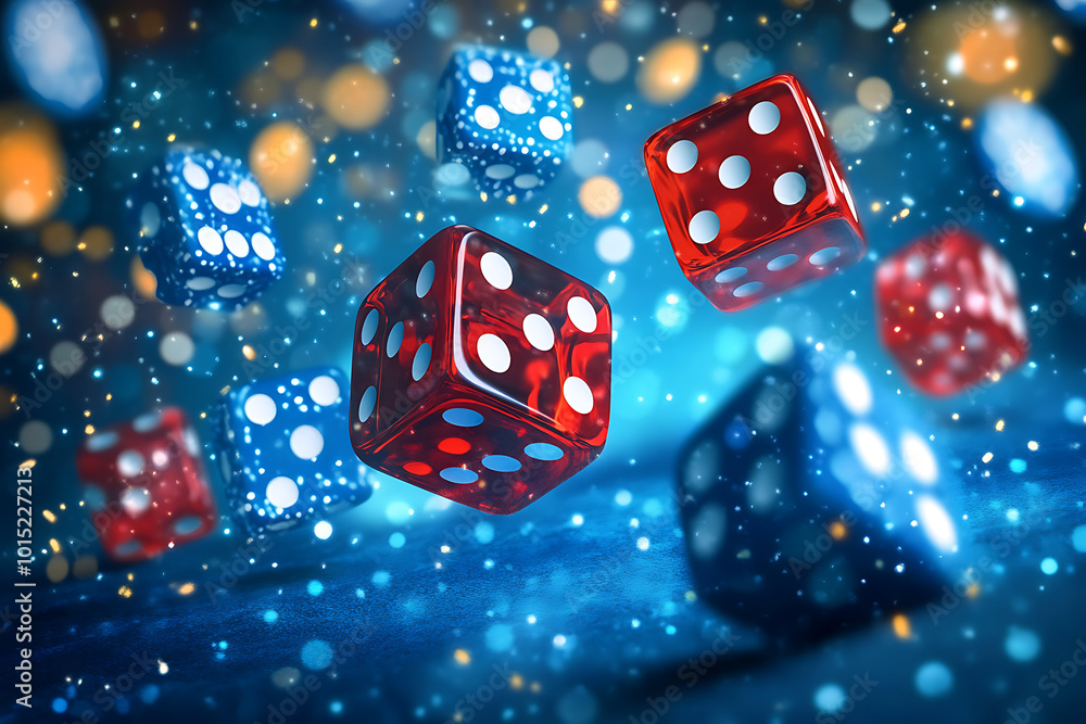 Poster a dynamic arrangement of colorful dice floating against a vibrant, sparkling background.