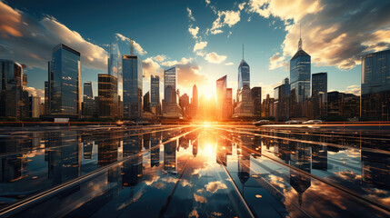 Fototapeta premium A stunning cityscape at sunrise, with skyscrapers reflecting in a calm body of water.
