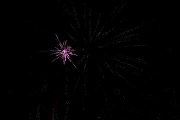 Fototapeta premium Firework. Colorful festive fireworks, standing out against the black sky. A shot of a bright fireworks explosion. Explosion. Firework. An overlay. new year. christmas, independence day, birthday, holi