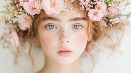 Woman wearing a floral crown, perfect for nature-inspired beauty and wellness campaigns