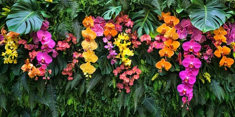 Tropical Floral Wall with Pink, Orange, and Yellow Orchids and Lush Green Foliage.
