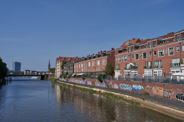Bremen, Germany - September 1, 2024 - brick buildings at Teerhof on a sunny summer day