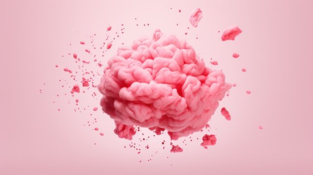 A vivid concept art piece depicts an exploding brain-like form on a pink backdrop, symbolizing creativity and ideas bursting forth.