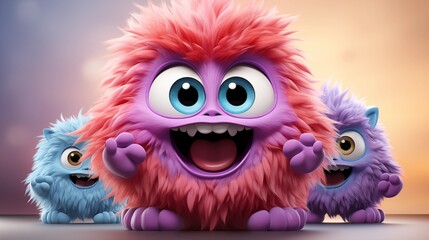 Colorful furry and cute monster dancing and waving 3D render character cartoon style Isolated on transparent background