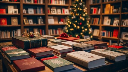 Festive, cozy bookstore banner for Christmas sale advertising. Generative AI.