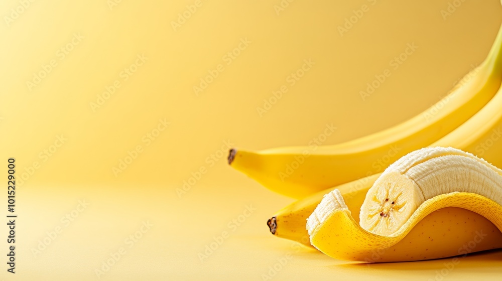 Poster a peeled banana rests on a soft pastel yellow background, highlighting its smooth texture. the stem'
