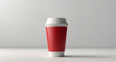 Red, unlabeled coffee to go advertising banner with copy space. Generative AI.