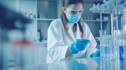 Fototapeta premium A dedicated scientist performs precise experiments in a lab, showcasing focus and precision.
