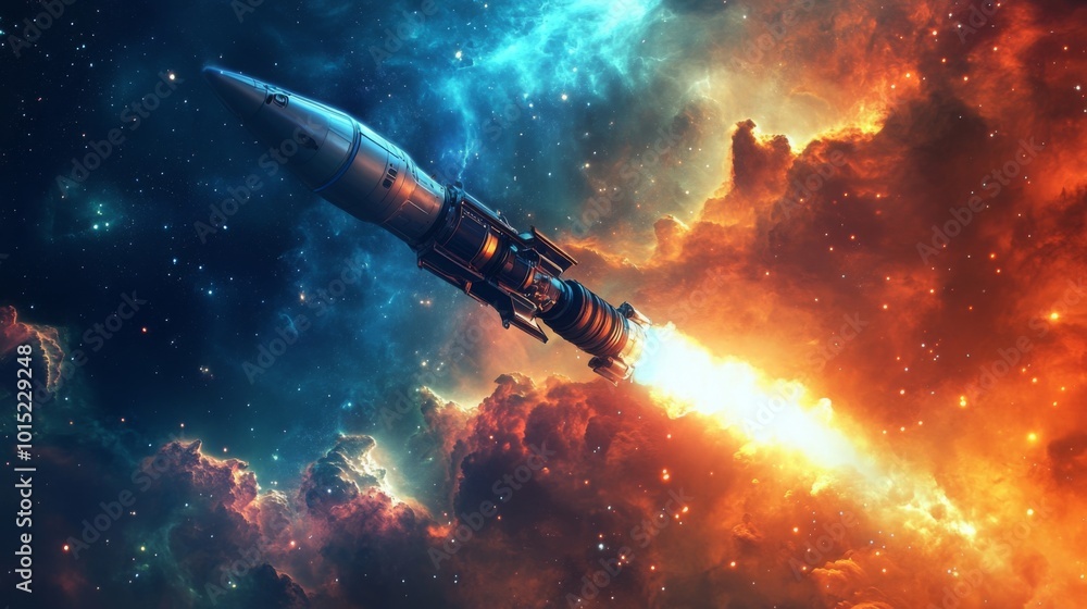 Poster a rocket propels through vibrant cosmic clouds, with fiery thrust illuminating the dark expanse of s