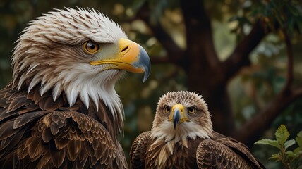 Obraz premium Two bald eagles with sharp eyes looking directly at the camera.