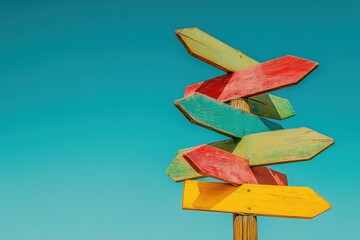 Vintage colorful wooden signpost with multiple arrows pointing in different directions under a clear blue sky