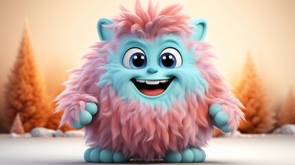 Colorful furry and cute monster dancing and waving 3D render character cartoon style Isolated on transparent background