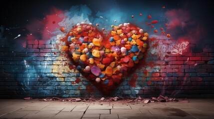 Colorful graffiti heart on brick wall as love symbol illustration