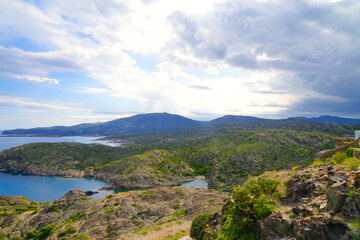 Cap de Creus: Rocky landscape and famous hiking trail Cami de Ronda on the Mediterranean Sea with a view along the spanish coast, border of Spain and France near Cadaqu&eacute;s, Girona, Pyrenees, Catalonia