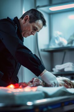Medical pro examines patient on hospital bed. Black jacket, gloves, ventilator in medical room. White gown, beige walls, medical equipment in morgue setting. Investigator, doctor, coroner conducts