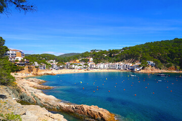 beautiful bay and beach of Tamariu in a bay on the Mediterranean Sea with a promenade and a beach, Catalonia, Costa Brava, Girona, Spain