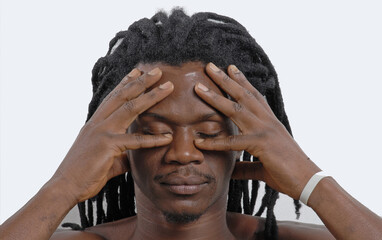 Headache African curly hair man portrait.
