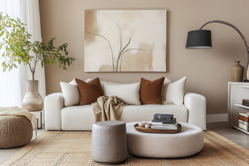 Elegant Living Room with Modern Sofa, Cozy Decor, and Abstract Art