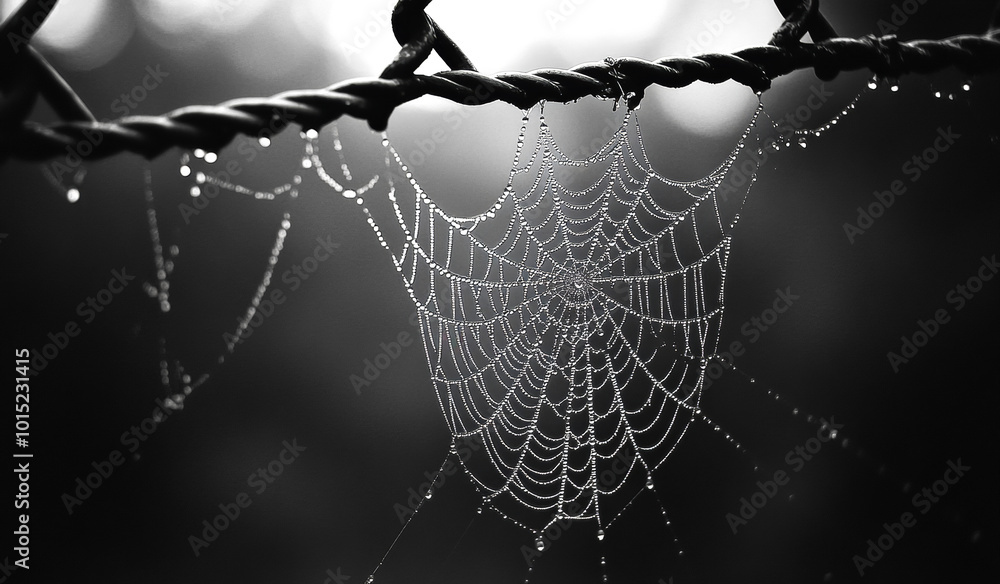 Poster a spider web is hanging from a fence. the web is wet and has a spider on it