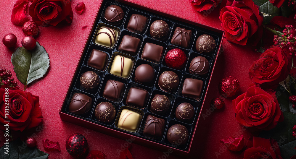 Poster a box of chocolates with a red background and a rose on top. the box is full of chocolate and the ro
