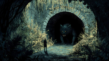 Naklejka premium A lone figure approaches a menacing beast in a dark, overgrown passageway. Shadow Beast. Illustration