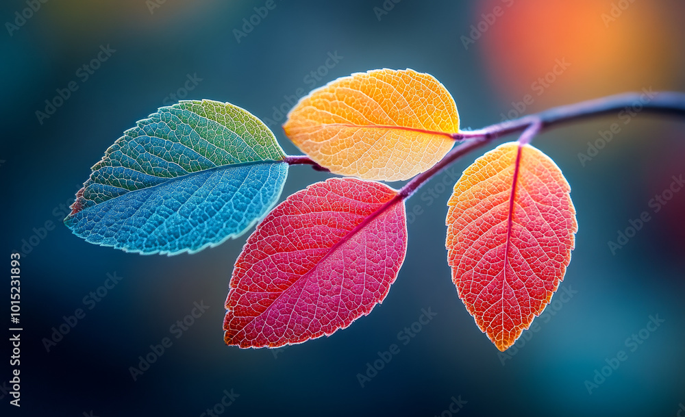 Aufkleber a colorful leaf with a blue background. the leaf is in the middle of the image and is surrounded by 