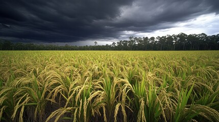 A field of golden rice plants sway gently in the wind, with dark ominous clouds forming above.