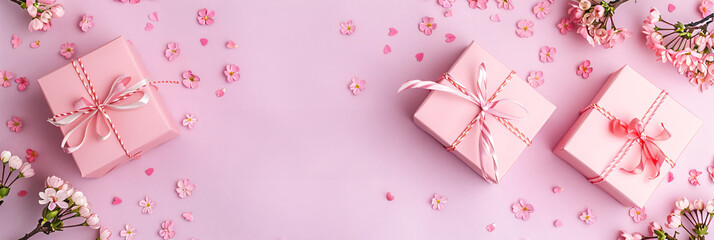 Valentine's day background. Pink gift boxes with pink ribbons on pink background. Flat lay, top view, copy space