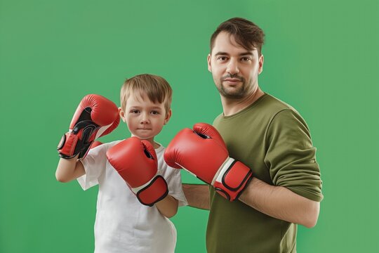 Man, young boy wear red boxing gloves on green background. Father, son stand together, smiling, with father gaze directed towards camera. Vibrant green background contrasts with red gloves, father - Powered by Adobe