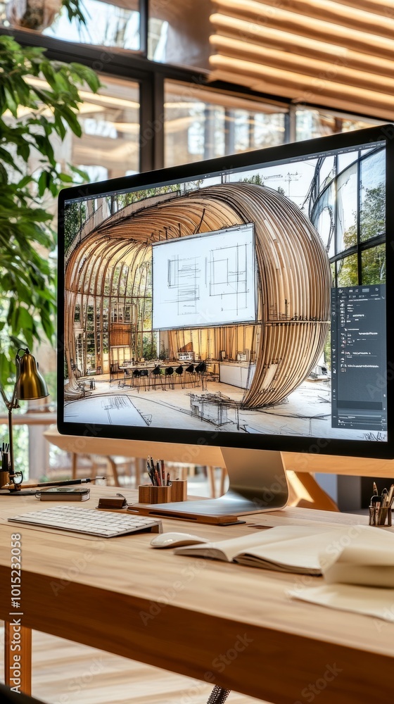 Poster a computer monitor displaying an architectural design of a modern building with wood accents.