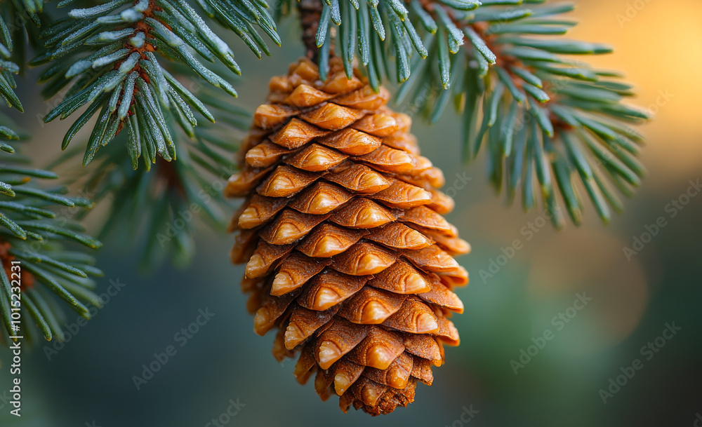 Poster a pine cone is hanging from a tree branch. the pine cone is brown and has a pointy top